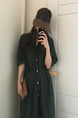 Korean Style Single-Breasted Dress Simple Round Neck Solid Color Lantern Sleeves Dress Shirt Long Skirt with Pockets - Dark Green