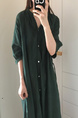 Korean Style Single-Breasted Dress Simple Round Neck Solid Color Lantern Sleeves Dress Shirt Long Skirt with Pockets - Dark Green