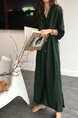 Korean Style Single-Breasted Dress Simple Round Neck Solid Color Lantern Sleeves Dress Shirt Long Skirt with Pockets - Dark Green