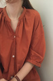 Korean Style Single-Breasted Dress Simple Round Neck Solid Color Lantern Sleeves Dress Shirt Long Skirt with Pockets - Rust Orange