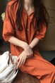 Korean Style Single-Breasted Dress Simple Round Neck Solid Color Lantern Sleeves Dress Shirt Long Skirt with Pockets - Rust Orange