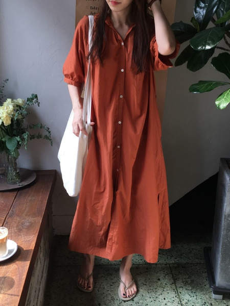 Korean Style Single-Breasted Dress Simple Round Neck Solid Color Lantern Sleeves Dress Shirt Long Skirt with Pockets - Rust Orange