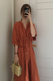 Korean Style Single-Breasted Dress Simple Round Neck Solid Color Lantern Sleeves Dress Shirt Long Skirt with Pockets - Rust Orange