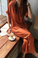 Korean Style Single-Breasted Dress Simple Round Neck Solid Color Lantern Sleeves Dress Shirt Long Skirt with Pockets - Rust Orange