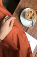 Korean Style Single-Breasted Dress Simple Round Neck Solid Color Lantern Sleeves Dress Shirt Long Skirt with Pockets - Rust Orange