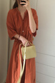 Korean Style Single-Breasted Dress Simple Round Neck Solid Color Lantern Sleeves Dress Shirt Long Skirt with Pockets - Rust Orange