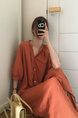 Korean Style Single-Breasted Dress Simple Round Neck Solid Color Lantern Sleeves Dress Shirt Long Skirt with Pockets - Rust Orange