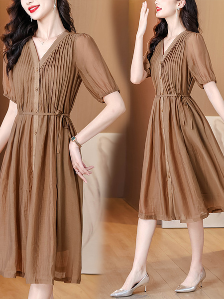 Ready-to-Wear Fashion Pleated Dress for Women 2025 Summer New V-Neck Simple Long Dress European Goods - Chocolate Brown