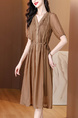 Ready-to-Wear Fashion Pleated Dress for Women 2025 Summer New V-Neck Simple Long Dress European Goods - Chocolate Brown