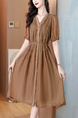 Ready-to-Wear Fashion Pleated Dress for Women 2025 Summer New V-Neck Simple Long Dress European Goods - Chocolate Brown