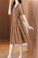 Ready-to-Wear Fashion Pleated Dress for Women 2025 Summer New V-Neck Simple Long Dress European Goods - Chocolate Brown