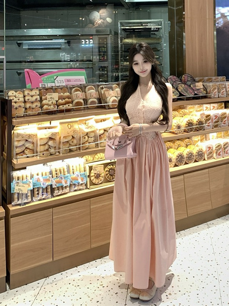Real Price and Real Shot Dress Women's Lace Stitching French Long Skirt - Light Pink