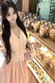 Real Price and Real Shot Dress Women's Lace Stitching French Long Skirt - Light Pink