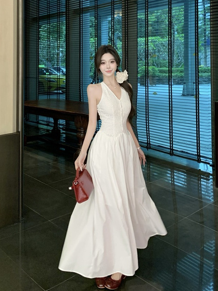 Real Price and Real Shot Dress Women's Lace Stitching French Long Skirt - White