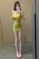 High Quality! Olive Yellow Off-Shoulder Short-Sleeved T-Shirt Dress for Women in Summer with Waist-Hugging Skirt