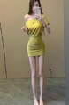 High Quality! Olive Yellow Off-Shoulder Short-Sleeved T-Shirt Dress for Women in Summer with Waist-Hugging Skirt