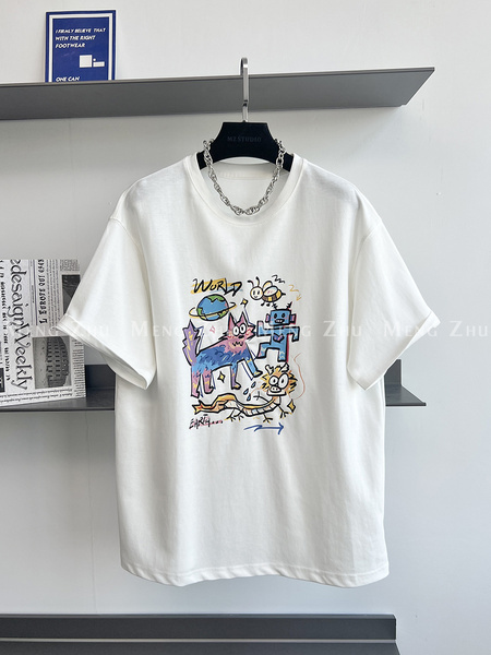Korean Plus Size Women's Clothing 21 Cotton 210g 100% Cotton All-Match Round Neck Printed Letter Short-Sleeved - White