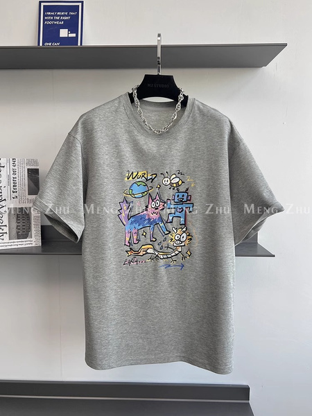 Korean Plus Size Women's Clothing 21 Cotton 210g 100% Cotton All-Match Round Neck Printed Letter Short-Sleeved - Gray