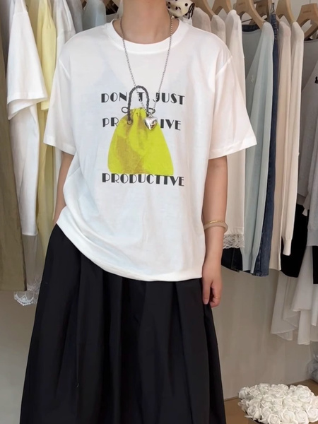 Korean Plus Size Women's Clothing 21 Cotton 210g 100% Cotton Letter Printed Bag T-Shirt Women's Loose Top - White