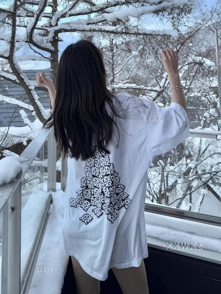 Korean Plus Size Women's Clothing 21 Cotton 210g 100% Cotton Short Sleeves Silhouette Casual T-Shirt - White