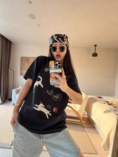 Korean Plus Size Women's Clothing 210g 100% Cotton Short-Sleeved T-Shirt for Women with Spotted Dog Print Cartoon - Navy Blue