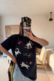 Korean Plus Size Women's Clothing 210g 100% Cotton Short-Sleeved T-Shirt for Women with Spotted Dog Print Cartoon - Navy Blue