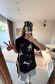 Korean Plus Size Women's Clothing 210g 100% Cotton Short-Sleeved T-Shirt for Women with Spotted Dog Print Cartoon - Navy Blue