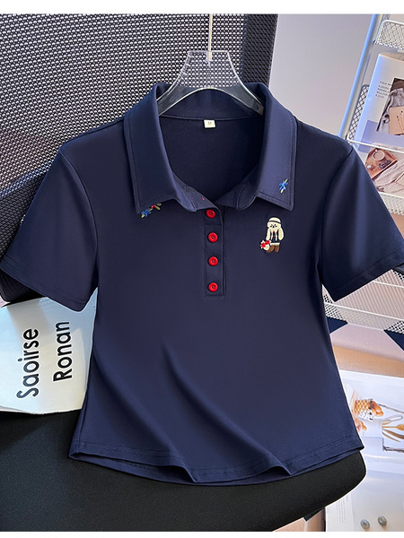 Real Shot 2025 Korean Version of the Polo Collar New Navy Color Buttons Heavy Embroidery Straight Shoulder Slim Fit