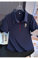 Real Shot 2025 Korean Version of the Polo Collar New Navy Color Buttons Heavy Embroidery Straight Shoulder Slim Fit