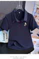 Real Shot 2025 Korean Version of the Polo Collar New Navy Color Buttons Heavy Embroidery Straight Shoulder Slim Fit