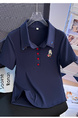 Real Shot 2025 Korean Version of the Polo Collar New Navy Color Buttons Heavy Embroidery Straight Shoulder Slim Fit