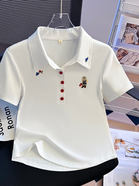 Real Shot 2025 Korean Version of the Polo Collar New White Color Buttons Heavy Embroidery Straight Shoulder Slim Fit