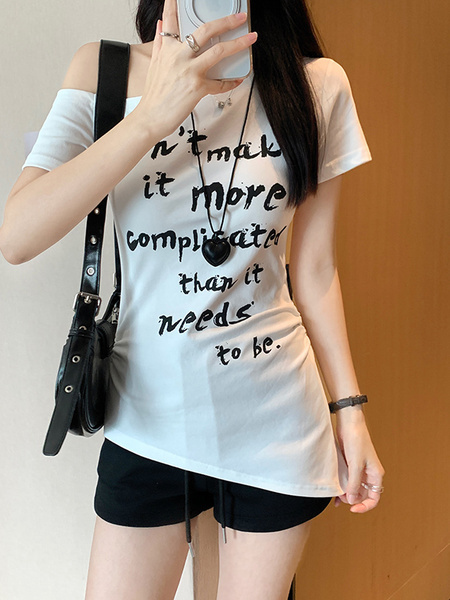 Real Shot of Threaded 210g Short-Sleeved T-Shirt Summer 2025 New White Short Slim-Fitting Off-Shoulder Trendy Oblique