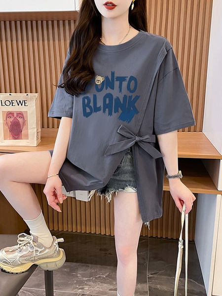 Real Shot and Real Price Douyin Quality/Pure Cotton/Back Collar/Medium and Long Loose Slit Strap Design T in Gray