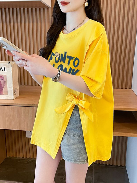 Real Shot and Real Price Douyin Quality/Pure Cotton/Back Collar/Medium and Long Loose Slit Strap Design T in Yellow