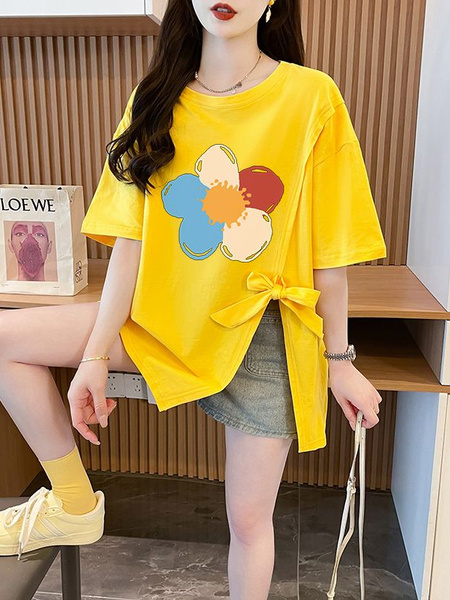 Real Shot and Real Price Douyin Quality/Pure Cotton/Back Collar/Medium and Long Loose Slit Strap Design T in Yellow