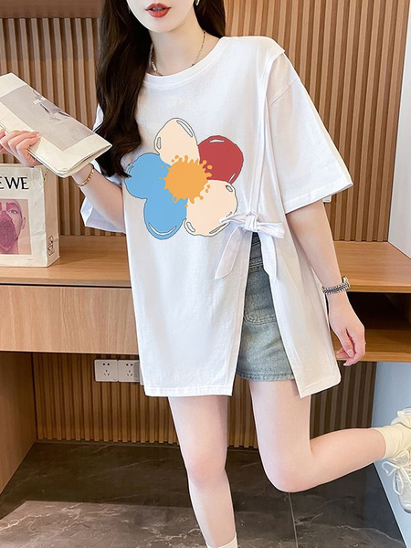 Real Shot and Real Price Douyin Quality/Pure Cotton/Back Collar/Medium and Long Loose Slit Strap Design T in White