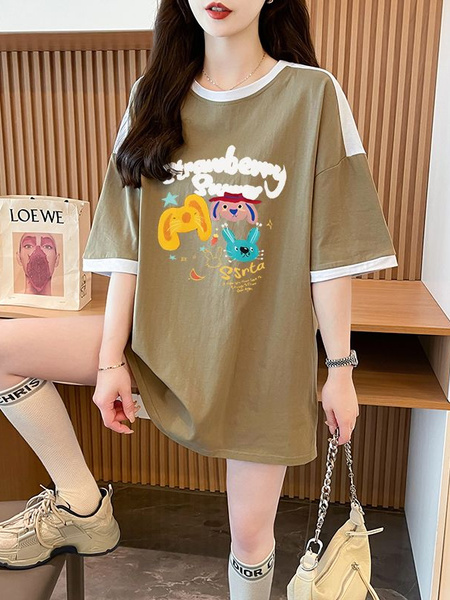 Real Shot and Real Price Douyin Quality/Pure Cotton/Back Collar/Loose Mid-Length Fashion Color T in Olive Green