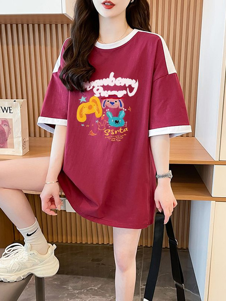 Real Shot and Real Price Douyin Quality/Pure Cotton/Back Collar/Loose Mid-Length Fashion Color T in Burgundy