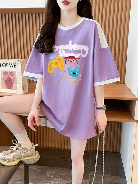 Real Shot and Real Price Douyin Quality/Pure Cotton/Back Collar/Loose Mid-Length Fashion Color T in Lavender