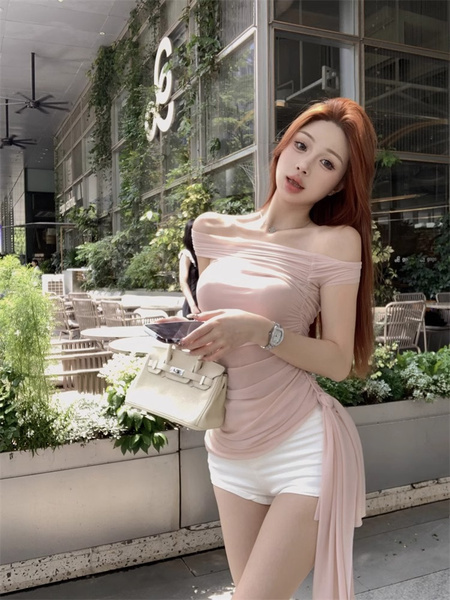 Summer New Temperament Mesh Tights Show Body Light Pink Asymmetrical Pure Off-Shoulder Versatile Tops T-Shirts