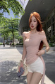 Summer New Temperament Mesh Tights Show Body Light Pink Asymmetrical Pure Off-Shoulder Versatile Tops T-Shirts