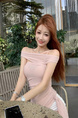 Summer New Temperament Mesh Tights Show Body Light Pink Asymmetrical Pure Off-Shoulder Versatile Tops T-Shirts